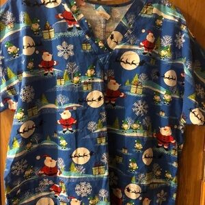 H.Q  Scrub Top Women’s Size L Christmas PullOver‎ Medical V Neck Blue Santa